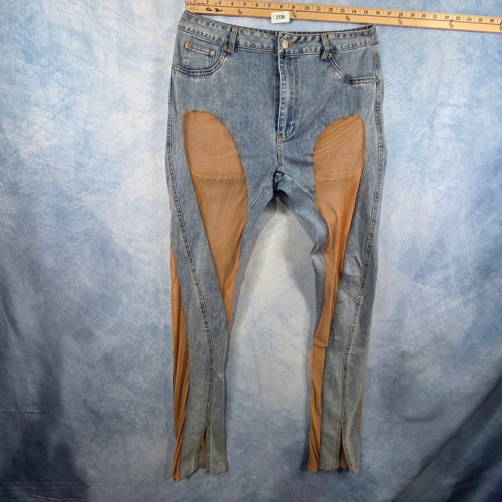 Rehab Lab Women Blue Denim Sheer Tan Mesh Panel Skinny Jeans‎ Light Wash Large